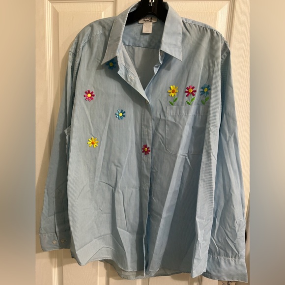 Martha’s Vineyard button up blouse blue white stripe handmade ribbon flowers NWT - Picture 2 of 8